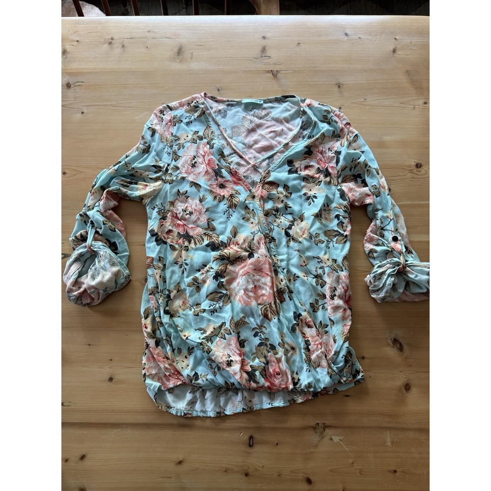 P.S.‎ Kate Women's Blue Pink Floral V-Neck 3/4 Sleeve Pullover Blouse S/M